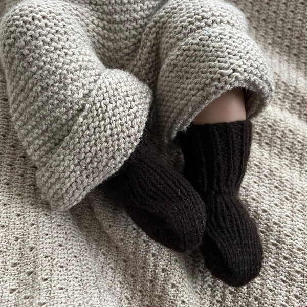 Baby wearing chocolate double knit socks