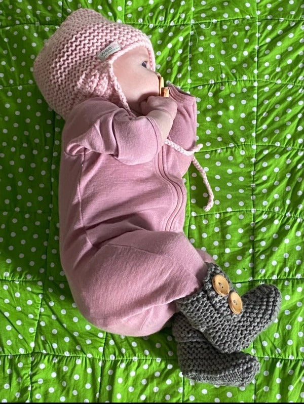 Baby Wearing Mushroom Chunky Knit Boots and Pink Hat