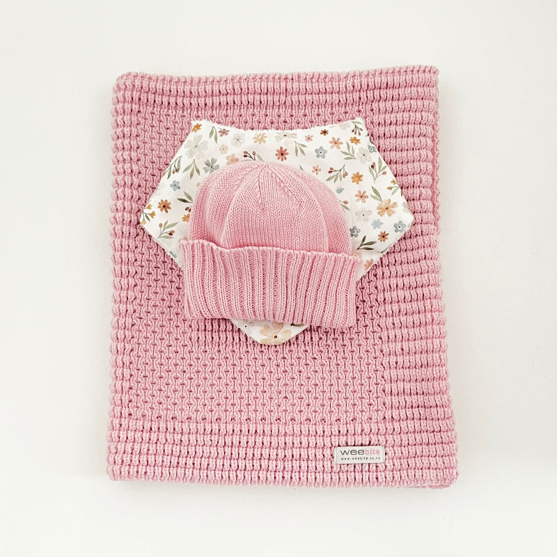 Blossom pink baby pram blanket, newborn beanie and dribble bib
