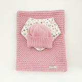 Blossom pink baby pram blanket, newborn beanie and dribble bib