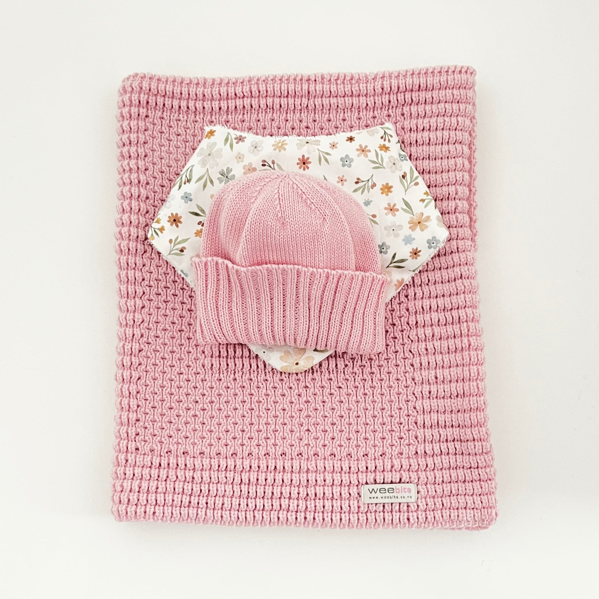 Blossom pink pram blanket, newborn beanie and dribble bib