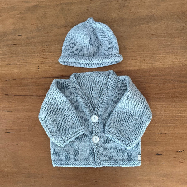 blue baby Cardigan and beanie set
