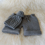 Chunky knit pants in mushroom with cable knit hat