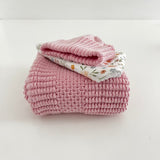 Folded Pram blanket, newborn beanie and dribble bib in blossom pink