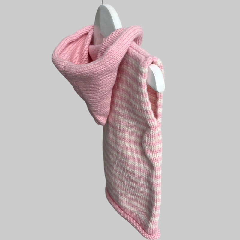 Side view of pink with natural stripe hooded vest