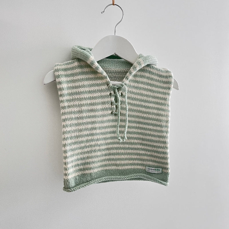 Hooded vest mint with natural stripe on hanger