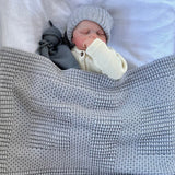 Misty blue baby pram blanket with matching beanie