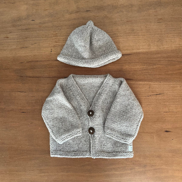 oatmeal baby Cardigan and beanie set