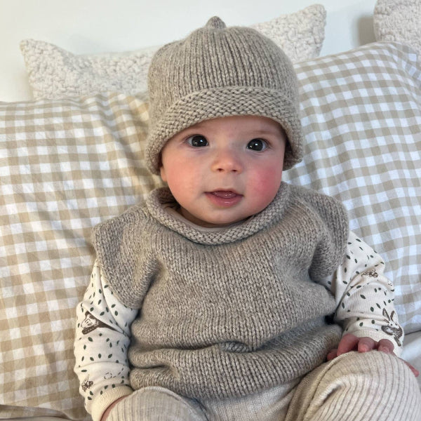 oatmeal marle roll neck vest and beanie set