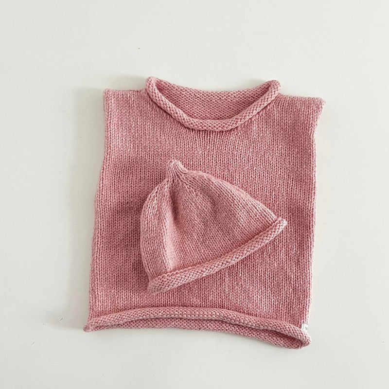 Pink roll neck vest and beanie set