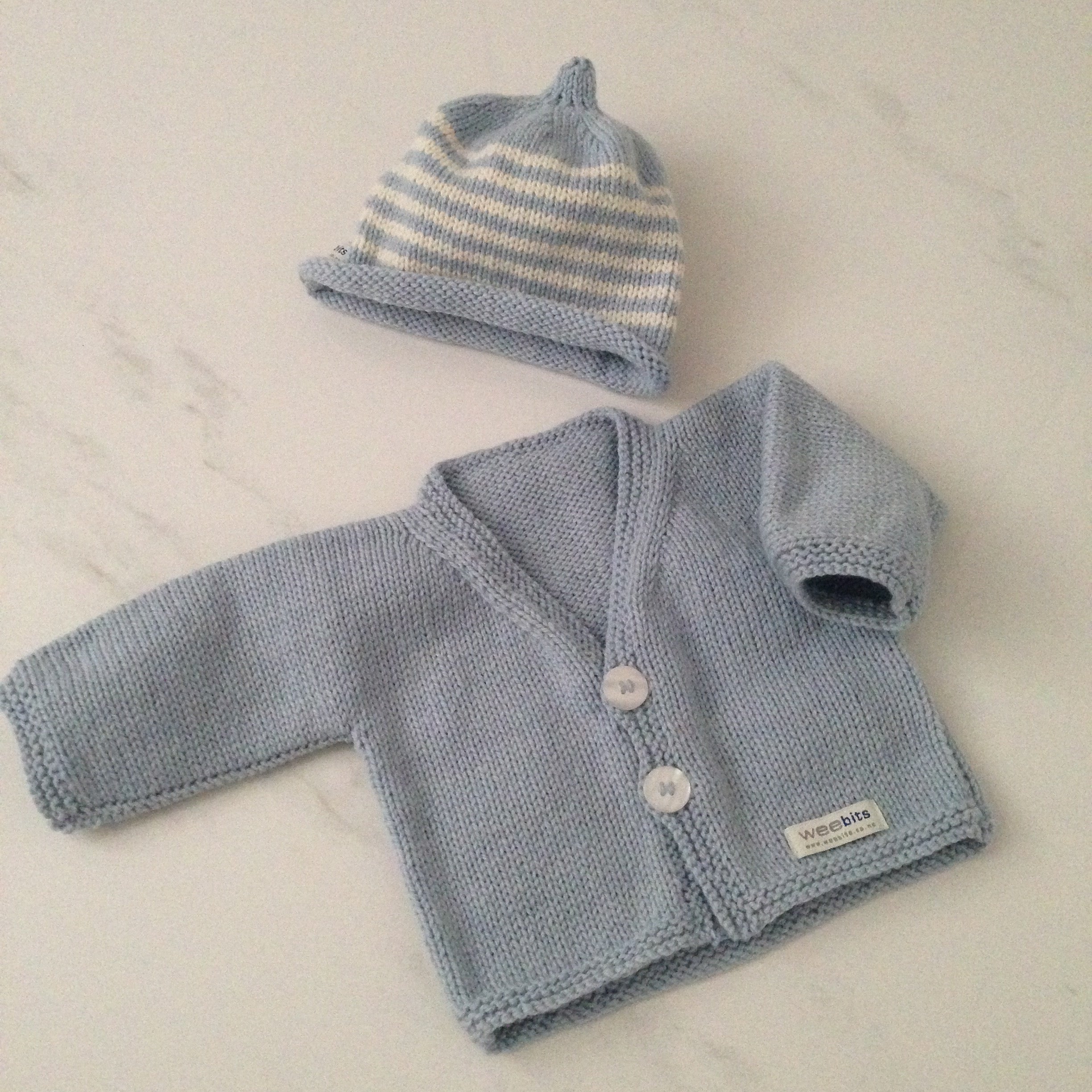 Blue natural stripe baby cardigan and beanie set