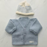 Blue natural stripe baby cardigan and beanie set