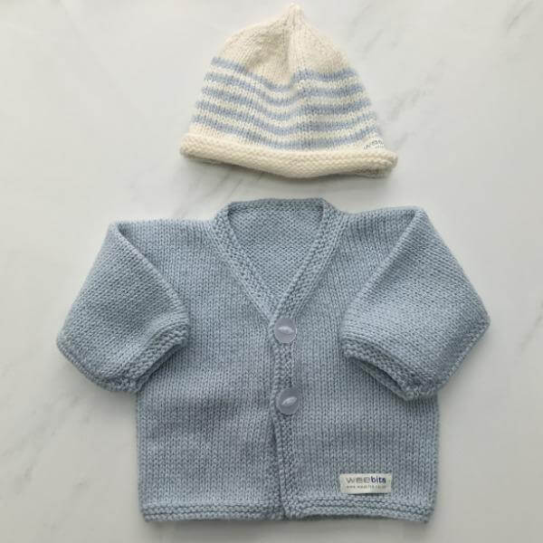 Blue natural stripe baby cardigan and beanie