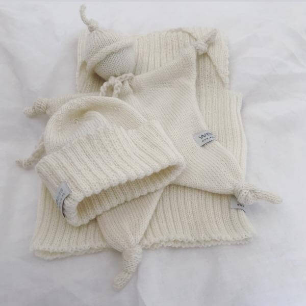 Ivory baby comforter, vest and beanie set