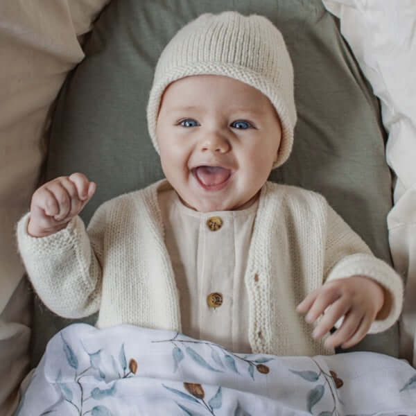 Natural baby cardigan and beanie