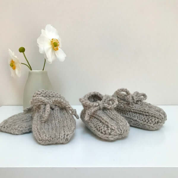 oatmeal baby mittens and loafers set