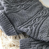 Shoulder detail of mushroom baby Aran sweater nz made