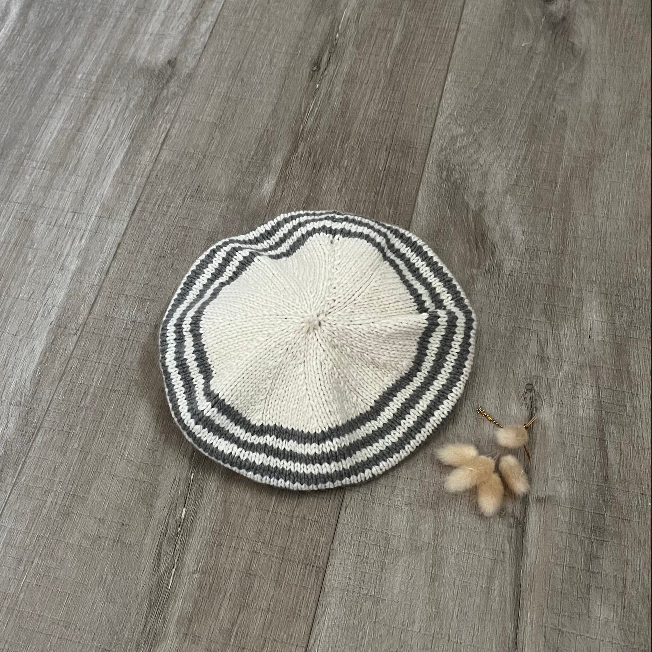 natural mushroom stripe beret on wooden floor