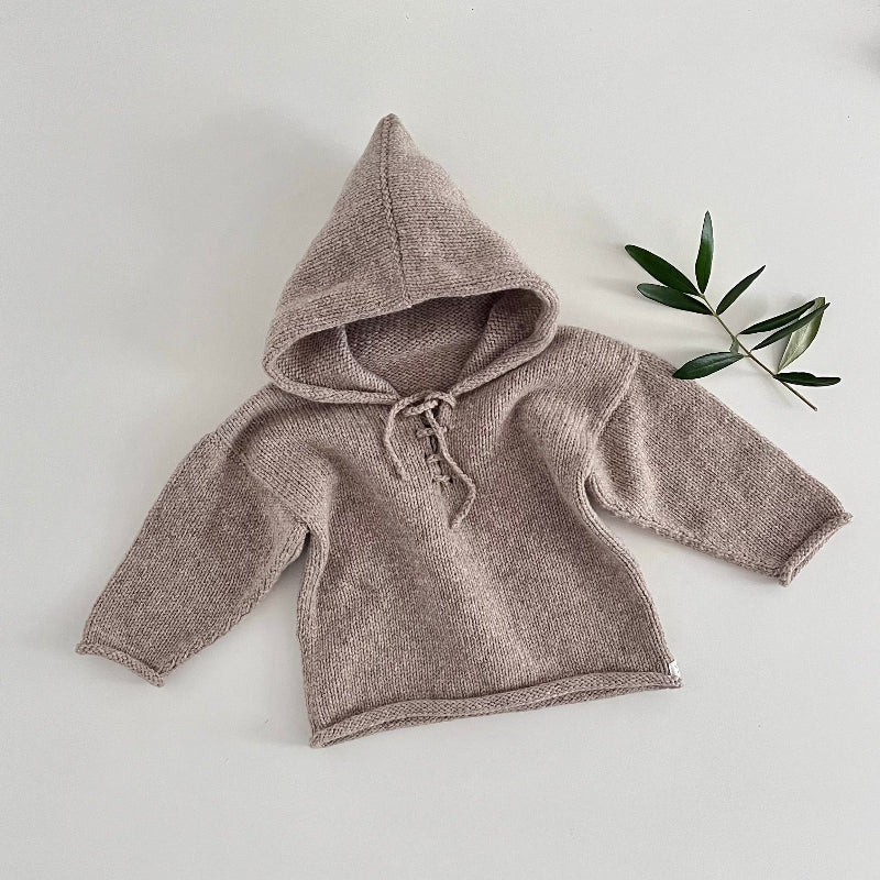 Knitted baby hoodie on a light background with a branch of leaves.