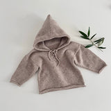 Knitted baby hoodie on a light background with a branch of leaves.