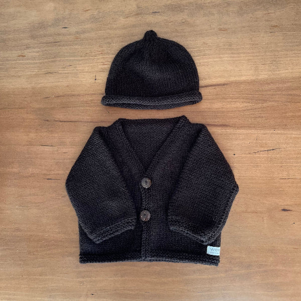 chocolate baby cardigan and beanie set