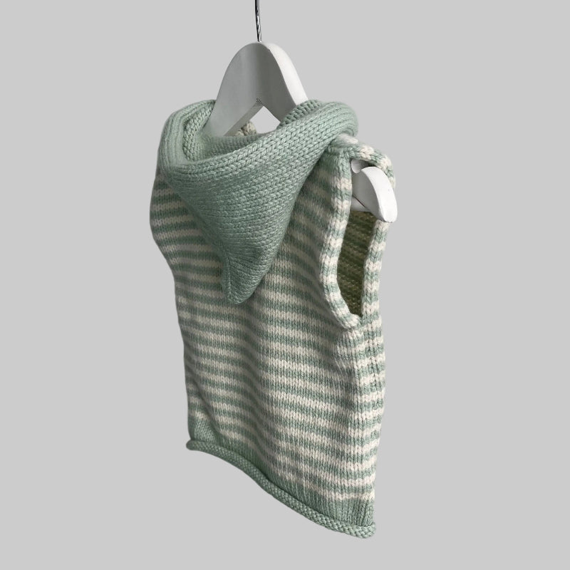 Side view of mint with natural stripe hooded vest