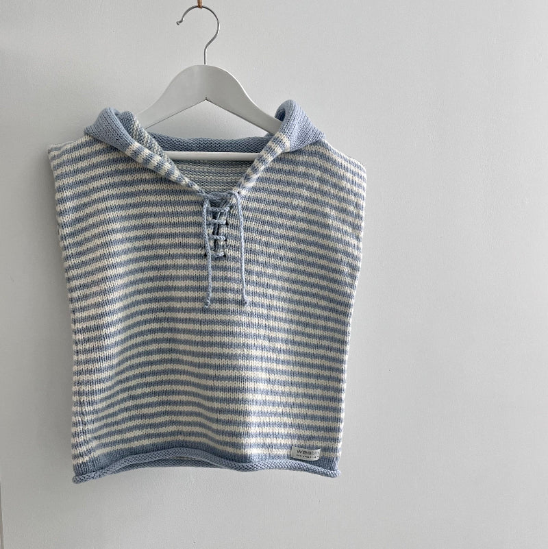 Hooded vest blue with natural stripe on hanger