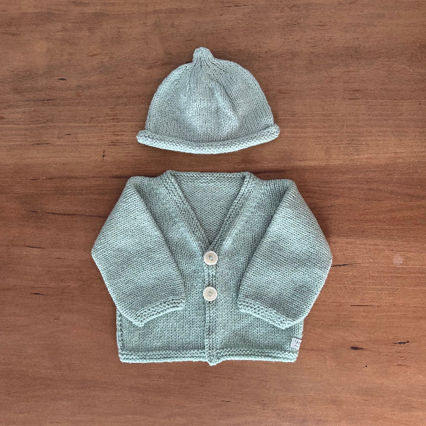 mint baby cardigan and beanie set