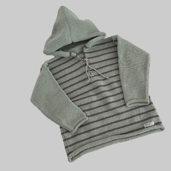 Mint and mushroom striped baby hoodie on a white surface