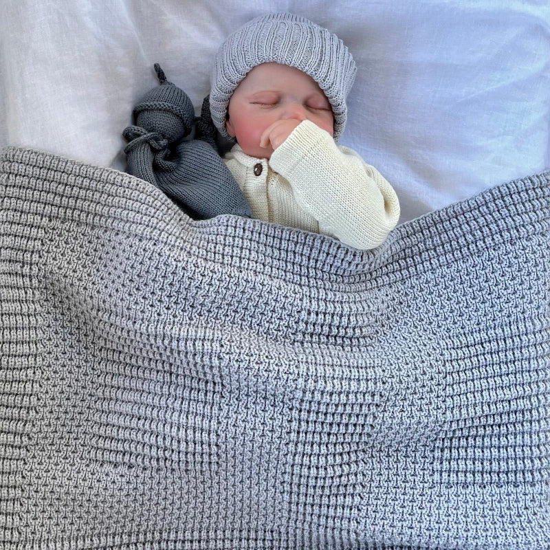 Misty blue baby pram blanket with matching beanie