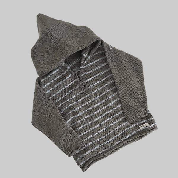 Mushroom and blue striped baby hoodie on a white surface