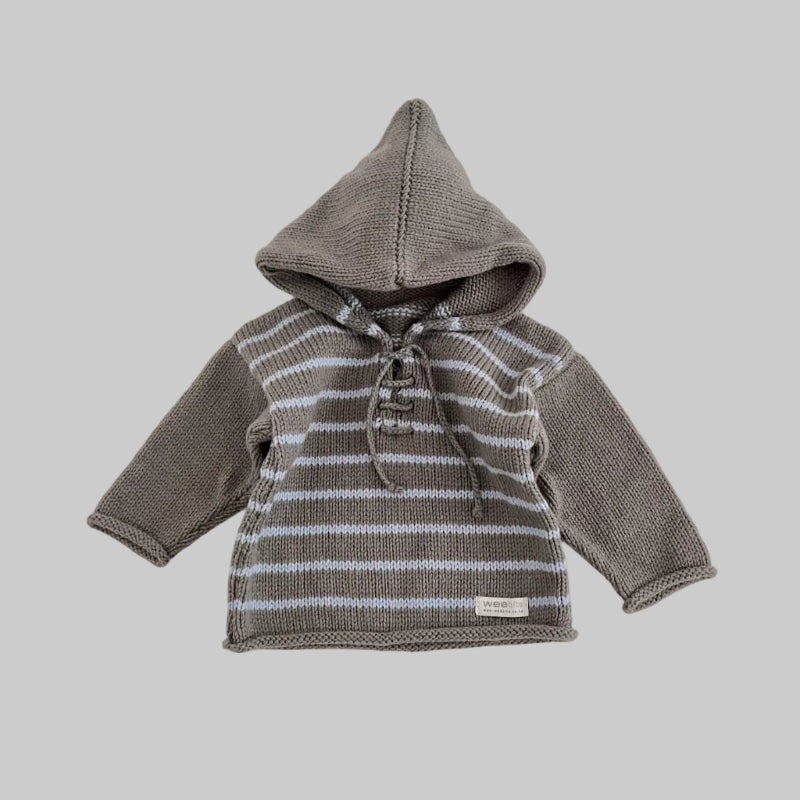 Knitted baby hoodie with striped pattern on a white background