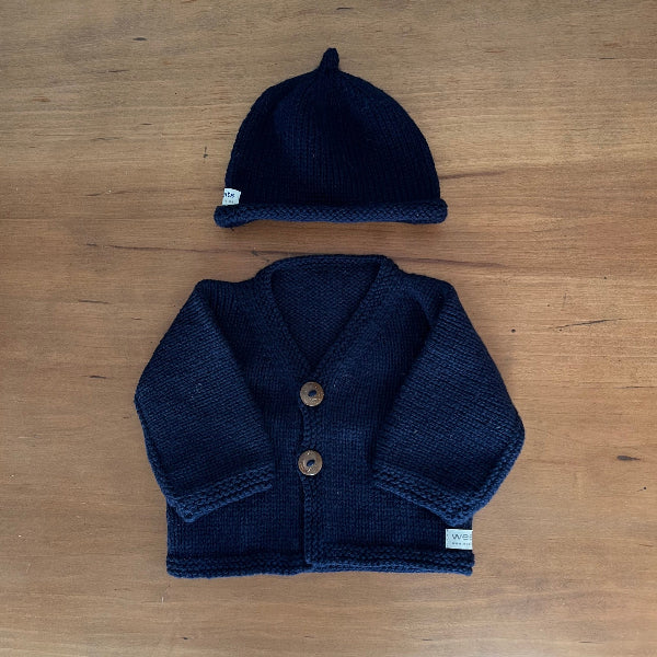 navy baby cardigan and beanie set