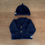 navy baby cardigan and beanie set