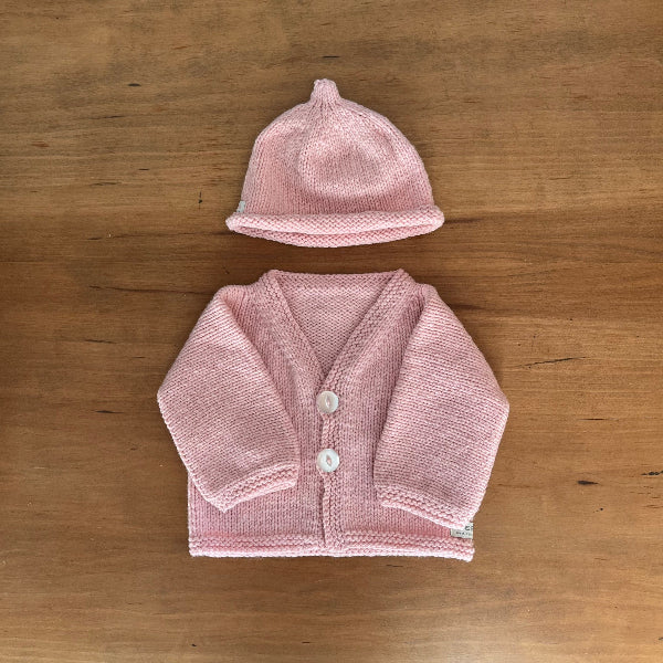 pnk baby cardigan and beanie set