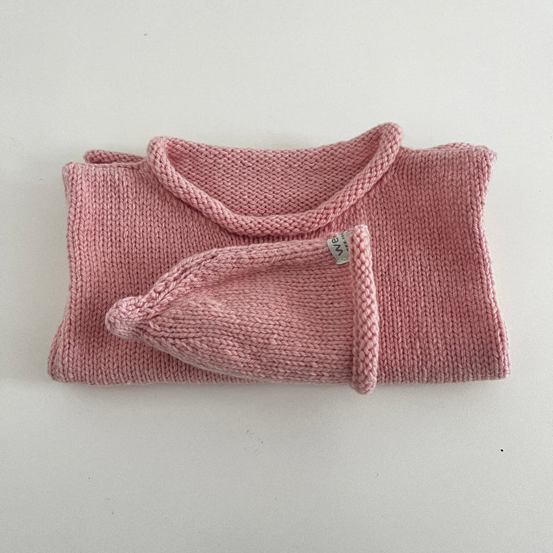roll neck vest and beanie set in pink