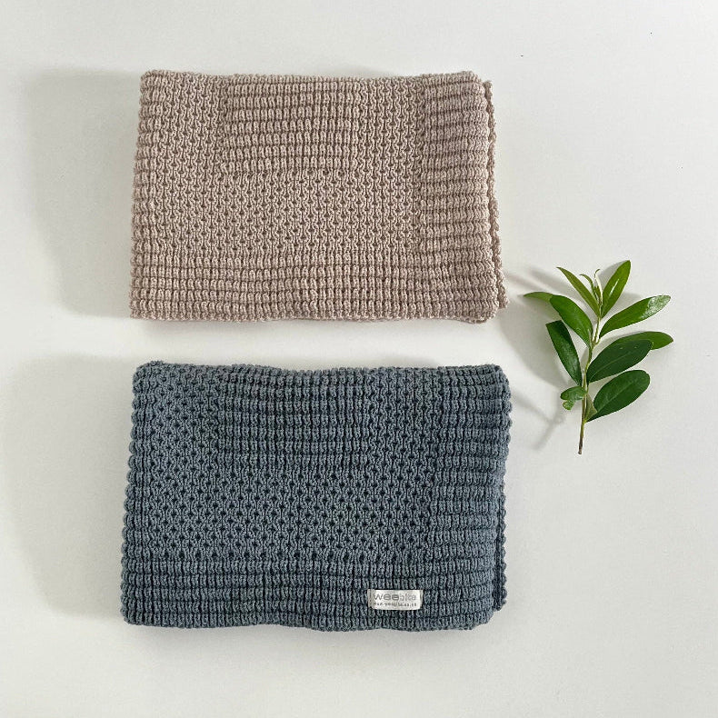 Sand and dusky blue pram blanket