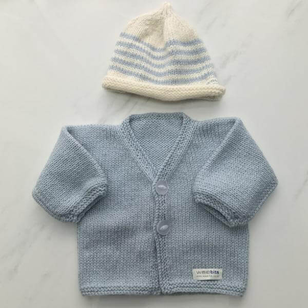 Blue natural stripe baby cardigan and beanie set