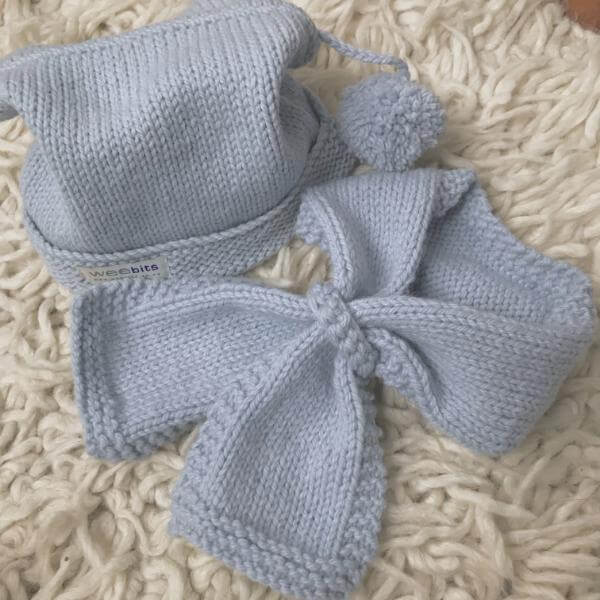 Blue pompom hat and scarf set