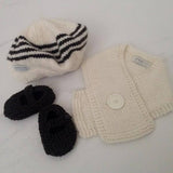 Chocolate beret button scarf and Mary Janes