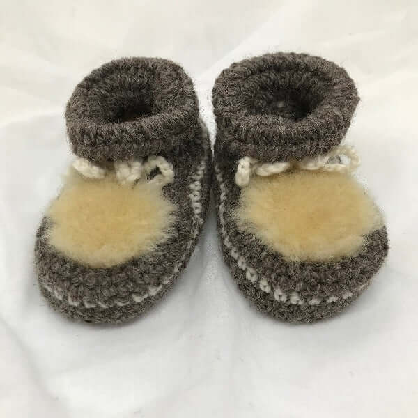 chocolate crochet booties with lambskin top