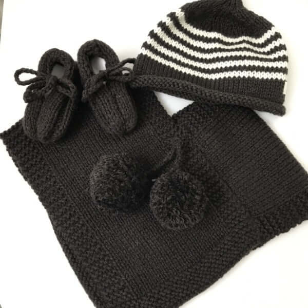 Chocolate poncho, beanie and booties