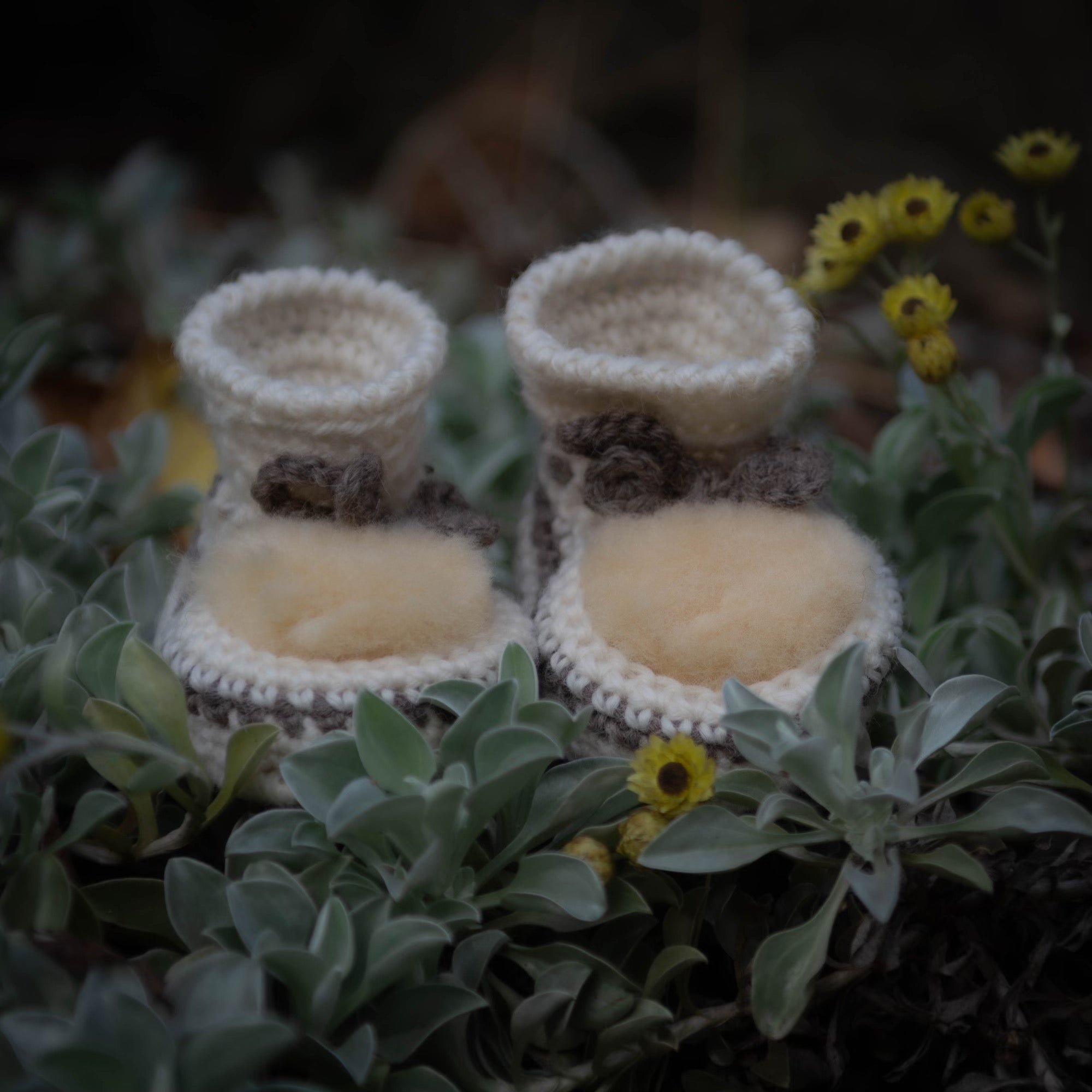 Cream crochet booties with lambskin top
