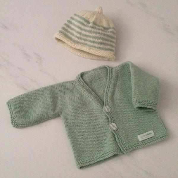 Mint natural stripe baby cardigan and beanie set