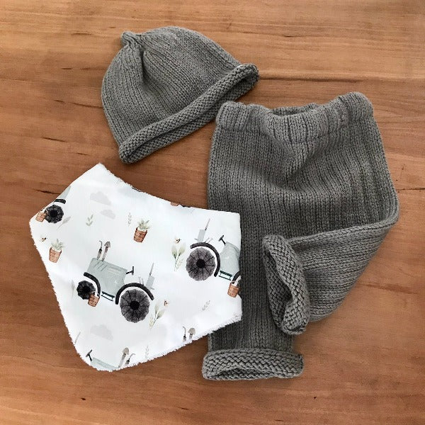 Mushroom baby leggings and beanie with ryker dribble bib