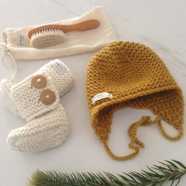 Mustard and natural chunky knit hat and boots set