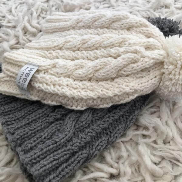 Natural and mushroom cable knit hats