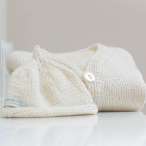 natural baby cardigan and beanie set