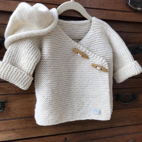 Natural baby double breasted jacket and beanie