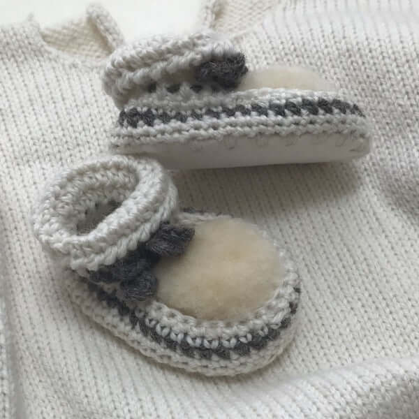 Natural lambskin top crochet booties and beanie set